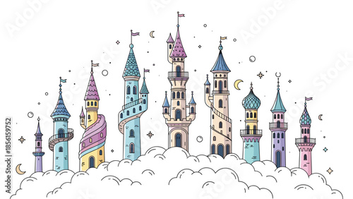 Diverse collection of colorful and whimsical fantasy castle towers with unique architectural styles, rising from fluffy clouds.