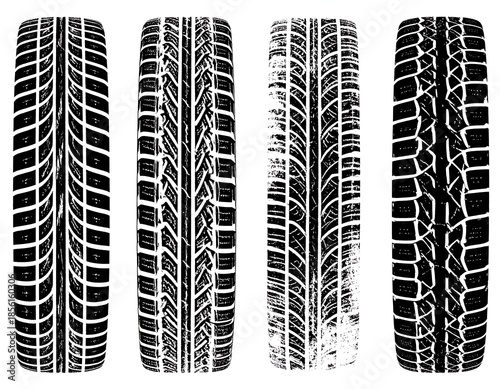 Four different detailed tire tread patterns aligned vertically