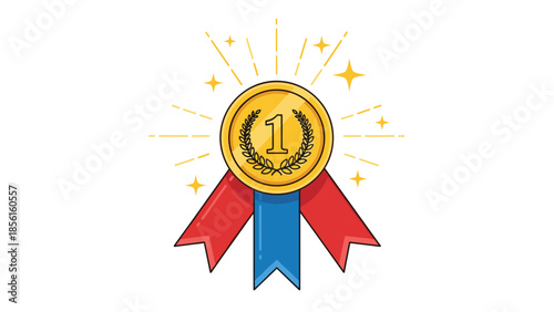 Shining gold medal with number "1" and laurel wreath, adorned with red and blue ribbons, symbolizing first place and excellence.