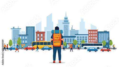 Male traveler with a backpack standing in a bustling city street, observing the vibrant urban cityscape and daily life.