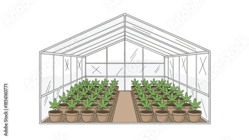 Greenhouse interior filled with organized rows of potted cannabis plants, illustrating controlled indoor cultivation and farming.