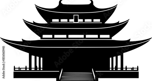 a striking black silhouette depicts a traditional asian temple structure with a curved roof and ornate details showcasing cultural architecture
