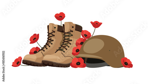 Military boots and a helmet surrounded by vibrant red poppy flowers, symbolizing remembrance, sacrifice, and honor.