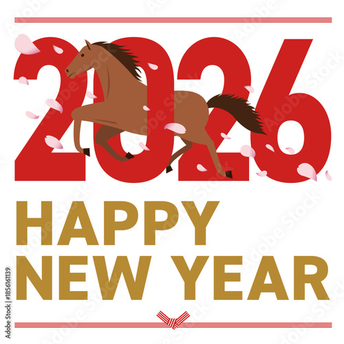 2026年と午年をイメージした花吹雪が舞うhappy new yearの年賀状_正方形
