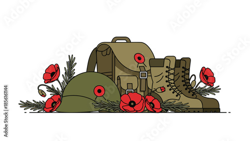 Military equipment like a helmet, backpack, and boots, adorned with red poppy flowers, symbolizing remembrance and honor.