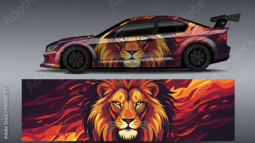 Sports car with a vibrant lion head and fiery graphic vinyl wrap design, showcasing the full pattern below.