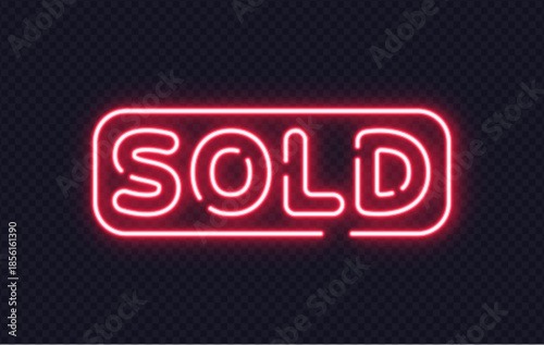 Glowing neon sold text inside rounded frame on dark transparent background. Bold message for real estate or e-commerce.