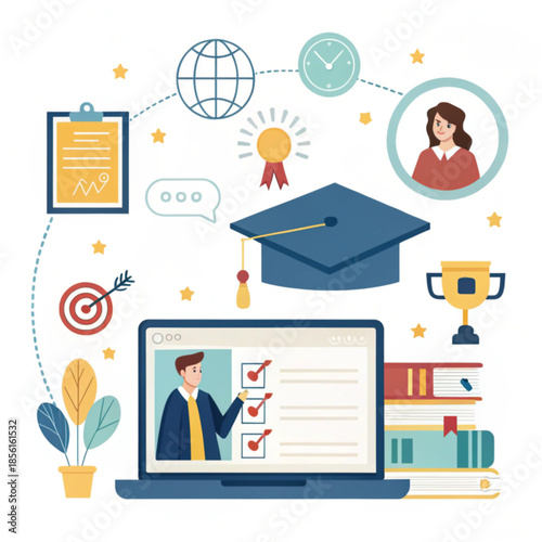 Modern education infographics vector illustration featuring business people and computer icons symbolizing a creative idea for success in a professional office team network