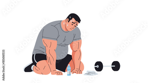 Strong man, sweaty and tired, sitting on the floor after a rigorous workout, with a barbell, water bottle, and towel nearby.