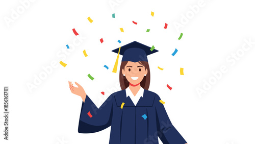 Joyful female graduate in a cap and gown, smiling widely with colorful confetti falling around her, celebrating her academic success.