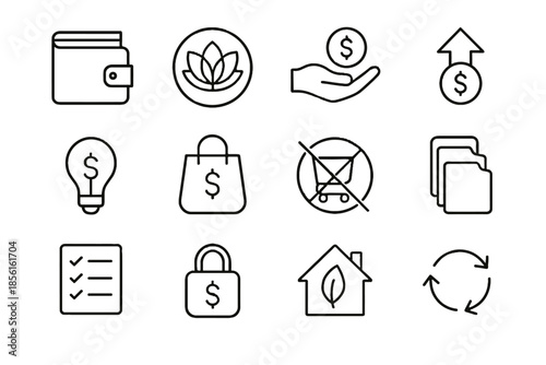 Budgeting arrow savings sustainable bills icons icon badge vector daily consumption mindful