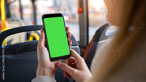 Female Passenger Holding Smartphone with Green Screen While Riding City Bus