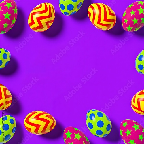 Neon Patterned Easter Eggs Forming Colorful Border on Purple Background with Copy Space