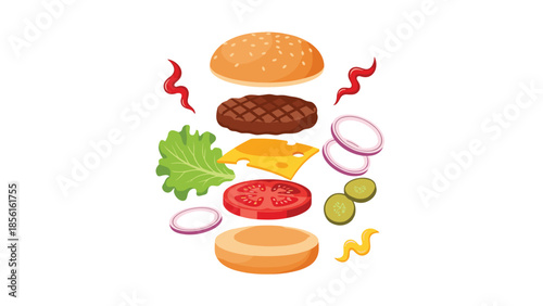 Exploded view of a delicious burger, showcasing all its individual ingredients separated in mid-air, perfect for food preparation.