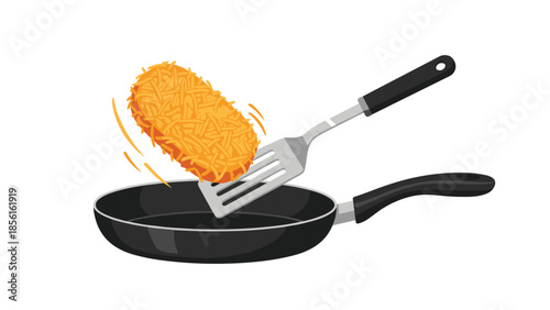 Spatula skillfully flipping a golden-brown hash brown in a hot frying pan, illustrating the cooking process.