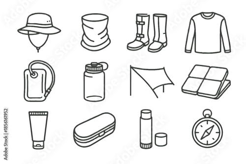 Balm pad gear adventure icons icon gaiter folding sunblock lip vector hat