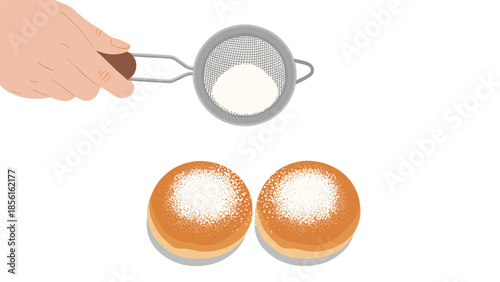 Hand sifting powdered sugar over two freshly baked, round pastries, adding a delicate touch of sweetness.