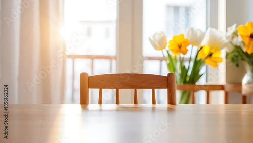 Sunny Spring Dining Room Interior with Light Wood Chair and Tulip Flowers on Blurred Background
