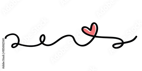 Continuous One Line Art Drawing of a Red Heart with Black Wavy Scribble, Minimalist Romantic Design Element for Valentine's Day