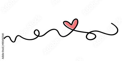 Continuous One Line Art Drawing of a Red Heart with Black Wavy Scribble, Minimalist Romantic Design Element for Valentine's Day