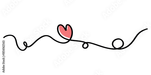 Continuous One Line Art Drawing of a Red Heart with Black Wavy Scribble, Minimalist Romantic Design Element for Valentine's Day