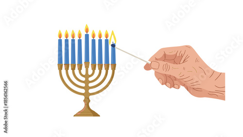 Human hand lighting the candles on a traditional Hanukkah menorah with a match, symbolizing the festival of lights.