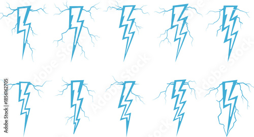 Collection of Blue Lightning Bolt Icons on White Background, Ideal for Design and Graphic Elements