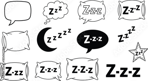 Collection of Sleep and Zzz Symbols Pillows, Moon, Speech Bubbles, and Stars Representing Rest and Dreams
