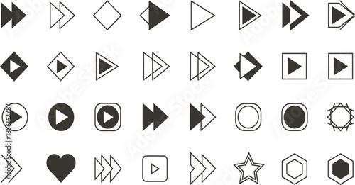 Vector Set of Media Player Control Icons with Play, Pause, Rewind, and Fast Forward Buttons in Multiple Styles
