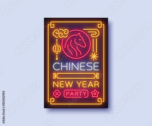 Bright neon poster with a glowing horse emblem and festive Chinese New Year lettering creates a warm party mood. Colorful lines add energy and a modern style.