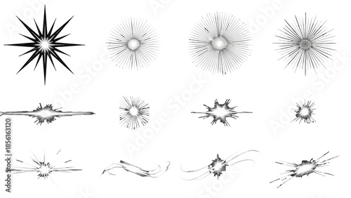 Abstract Black and White Starburst and Explosion Impact Effects Set on Isolated White Background