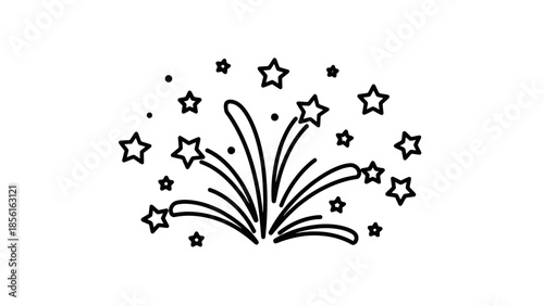 Black Outline Fireworks Burst with Stars Celebration Icon, Isolated White Background