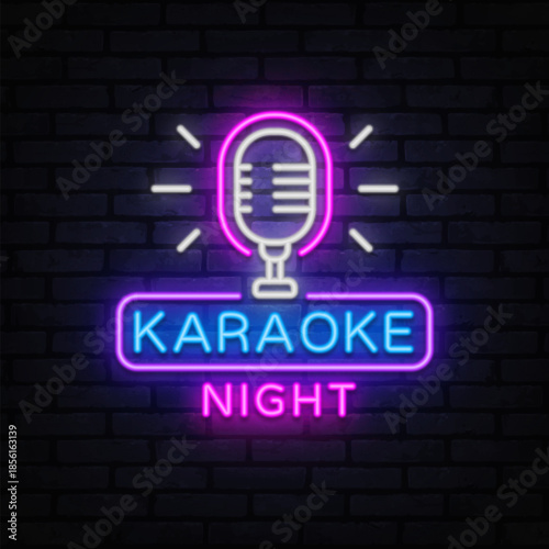 Bright neon sign with a vintage microphone and the phrase Karaoke Night. Perfect for club posters or music bar decor.