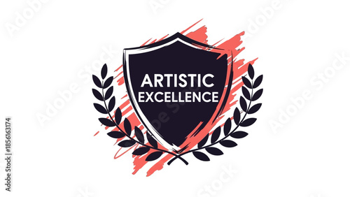 Artistic Excellence Shield Emblem with Laurel Wreath and Red Brush Stroke on Isolated White Background