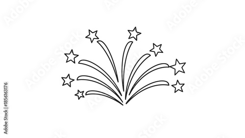 Outline Drawing of Festive Fireworks Burst with Stars on Isolated White Background