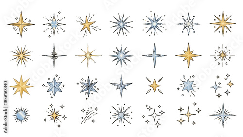 Decorative collection of starburst and sparkle effects in gold, silver, and blue tones on an isolated white background.