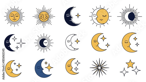 Konstfotografi Diverse Celestial Objects Icon Set with Sun, Moon Phases, Stars, and Starbursts