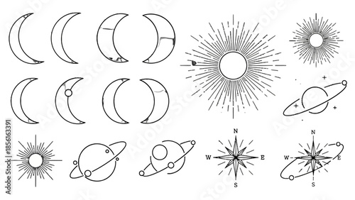 Line Art Celestial and Cosmic Objects Set with Moon Phases, Sun, Planets, Stars, and Compass Rose on Isolated White Background