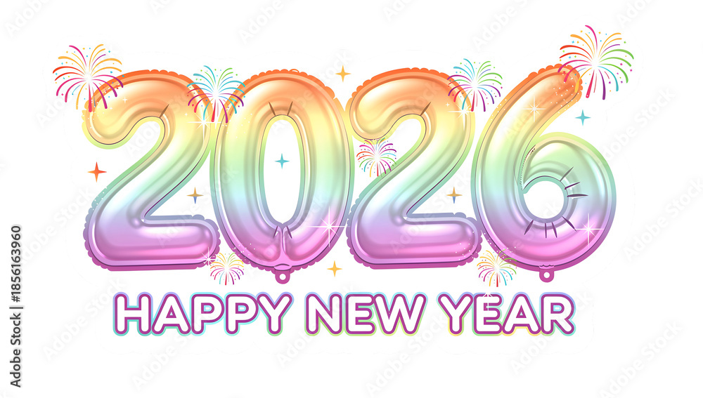 Fototapeta premium 2026 Happy New Year colorful balloons and fireworks, festive celebration