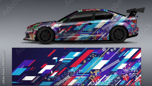 Dynamic abstract geometric car wrap design with vibrant colors and modern style.