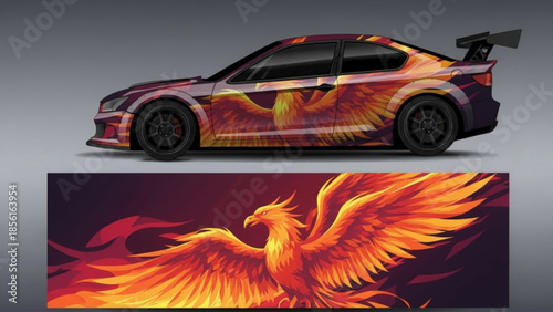 Sports car with a vibrant fiery phoenix graphic decal design on its side, showcasing a powerful mythical bird.