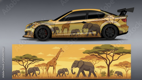 Custom car wrap design featuring African savanna animals like elephants and giraffes, with a detailed landscape below.