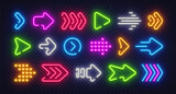 A vibrant collection of neon arrow icons in various shapes, colors and styles on a dark transparent background. The glowing symbols work well for navigation, interfaces or motion design.
