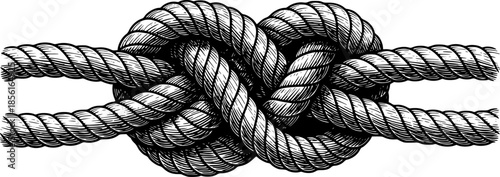 Detailed black and white woodcut illustration of a knotted rope
