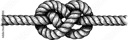 Detailed black and white woodcut illustration of a knotted rope
