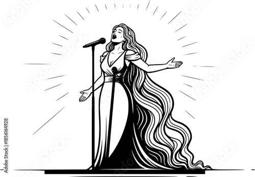 Elegant monochrome illustration of a radiant woman singing on st
