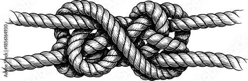 Detailed black and white woodcut illustration of a knotted rope
