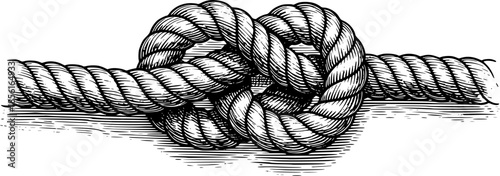 Detailed black and white woodcut illustration of a knotted rope
