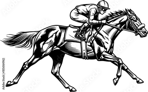 Elegant horse racing illustration in black and white vintage woo
