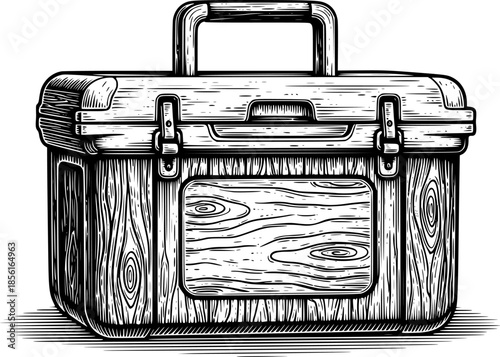 Detailed Woodcut Style Illustration of a Portable Cooler Box for
